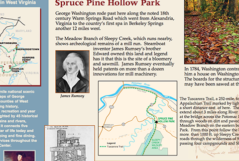 A historical information board titled "Washington Heritage Trail" featuring details and images about Spruce Pine Hollow Park in West Virginia. It includes information on the Meadow Branch of Sleepy Creek, James Rumsey, and the Tuscarora Trail.