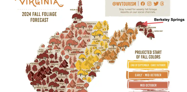 A detailed map of West Virginia highlighting the projected start times for fall foliage. The western region is mostly red (mid-October), the central region is yellow (early October), and the eastern region is orange (early to mid-October). Icons represent leaf colors.