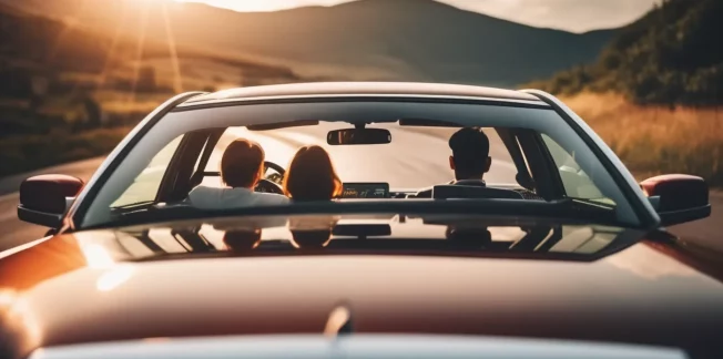 Rear view of three people in a convertible car driving on a scenic, winding road during sunset. The sun casts a warm glow over the landscape consisting of rolling hills and greenery on either side. The top of the car is down, emphasizing the open-air experience.