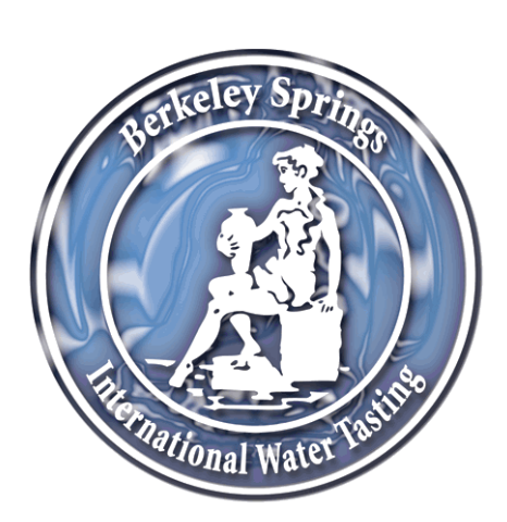 Logo of the Berkeley Springs International Water Tasting features a classic-style figure holding a jug, sitting beside a body of water. The background is a swirling blue pattern. Text encircles the image.