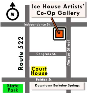 Map showing the location of Ice House Artists' Co-Op Gallery on Mercer Street, marked with an arrow. Nearby landmarks include Route 522, State Park, Court House on Fairfax St., and Downtown Berkeley Springs. North is indicated with a compass.